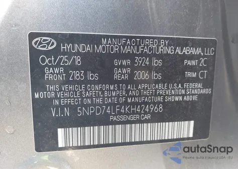 2019 Hyundai Elantra Se z USA, uszkodzony, nr VIN 5NPD74LF4KH424968